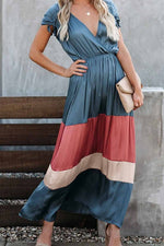 Florcoo Summer Loose Multicolor Stitching V-Neck Short Sleeves Midi Dress