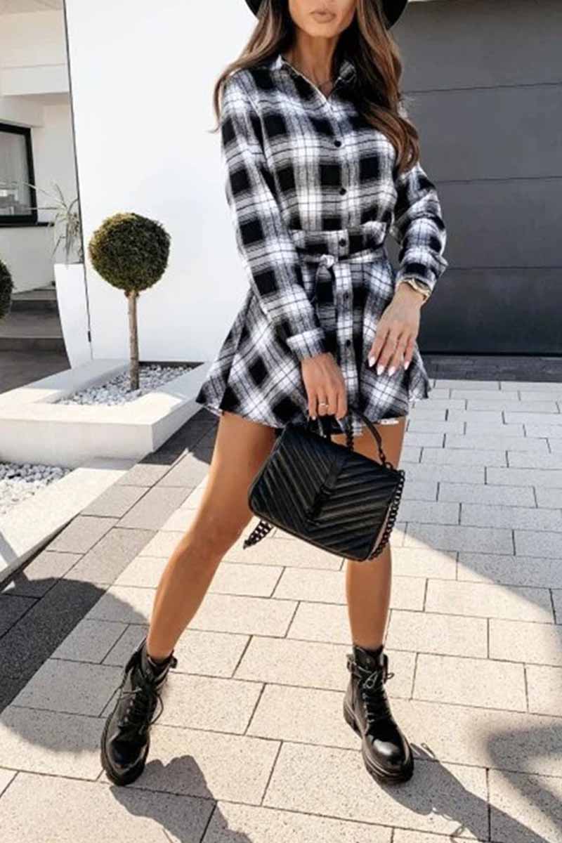 Florcoo Long Sleeve Plaid Shirt Mini Dress