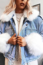 Detachable Fuzzy Faux Fur Collar Denim Coat