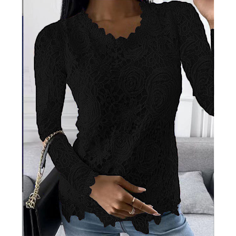 Elegant Long Sleeve O-Neck Floral Print Lace Blouse