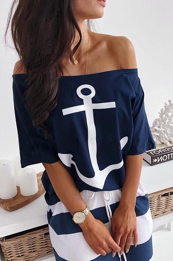 Boat Anchor Print T-Shirt & Striped Skirt Set