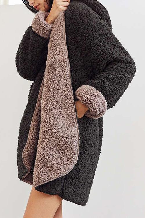 Hooded Open Front Lamb Wool Teddy Coat