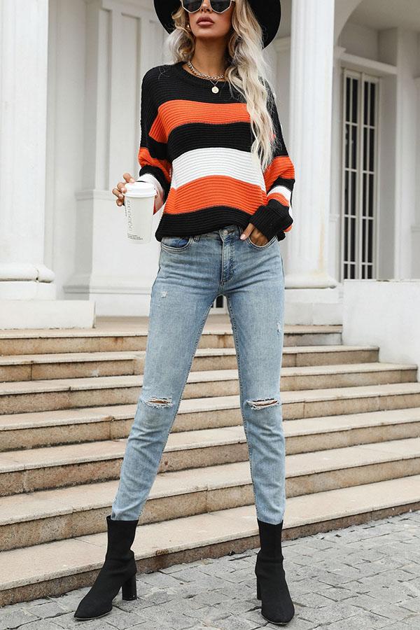 Thin Long Sleeve Loose Striped Sweater Knit