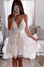 V-Neck Lace Embroidered White Dress