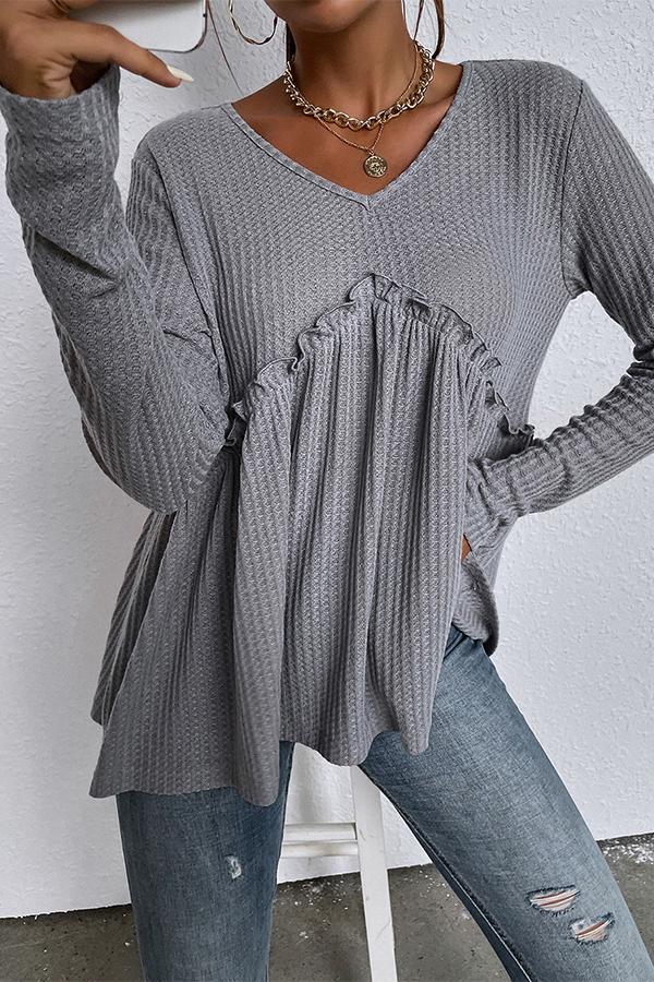 Solid Color V-neck Ruffled Ribbed Knit Bottoming Shirt