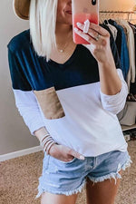 Color Block V Neck Long Sleeve T Shirt