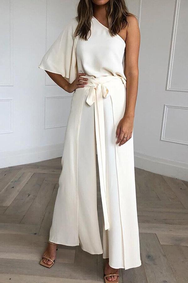 Time Will Tell One Shoulder Blouse Wide Leg Pants Set