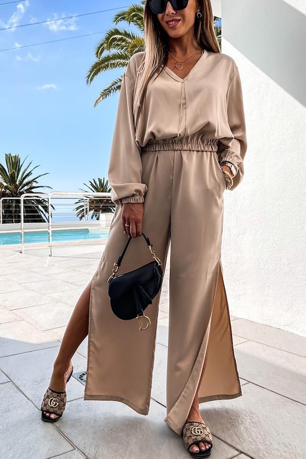 Anything You Need Satin Wide Leg Slit Pants Suit