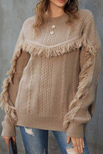 Florcoo Round Neck Loose Tassel Twist Solid Color Sweater