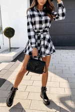 Florcoo Long Sleeve Plaid Shirt Mini Dress