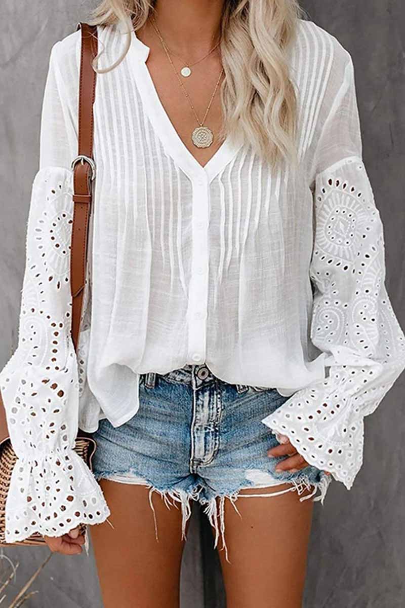 Florcoo V-Neck Single Breasted Loose Flared Long Sleeves Tops (3 Color）