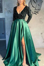 Gorgeous Long Sleeves V-Neck Sequ Satin Prom Dress