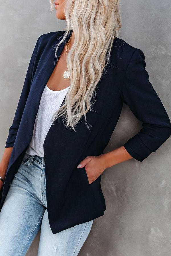 Uptown Girl Ruched Sleeves Pocketed Blazer