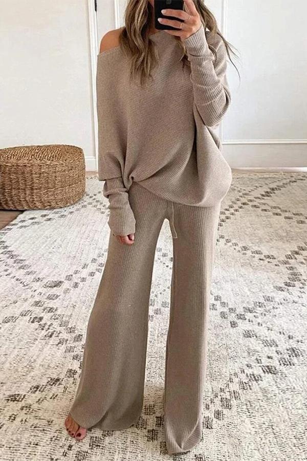 Pure Color Round Neck Long Sleeve Casual Two-piece Suit