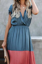Florcoo Summer Loose Multicolor Stitching V-Neck Short Sleeves Midi Dress