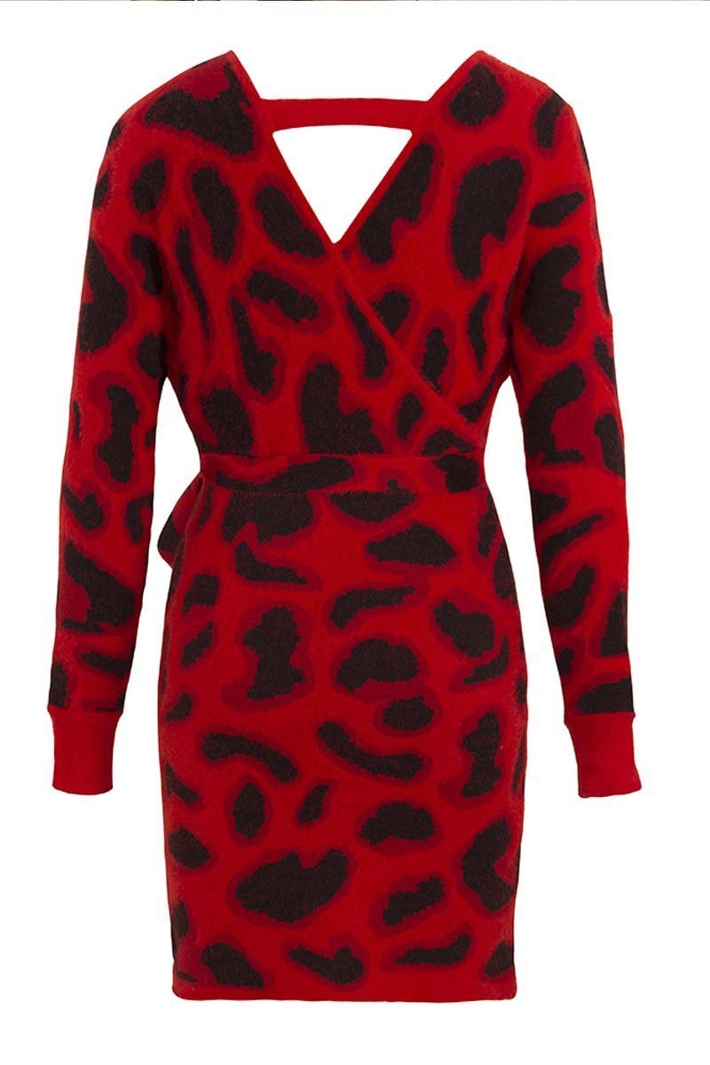 A-line Lace Up Winter Leopard Mini Dress