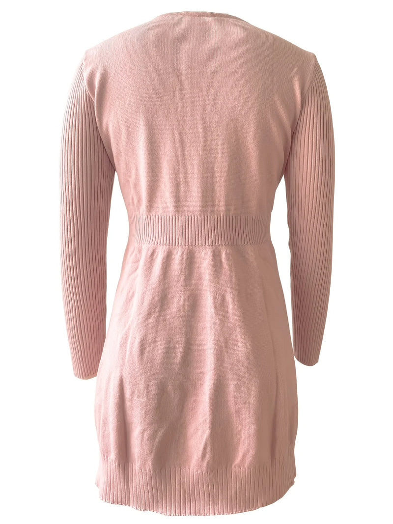 Elegant V Neck Ruffled Solid Knitted Sweater Dress