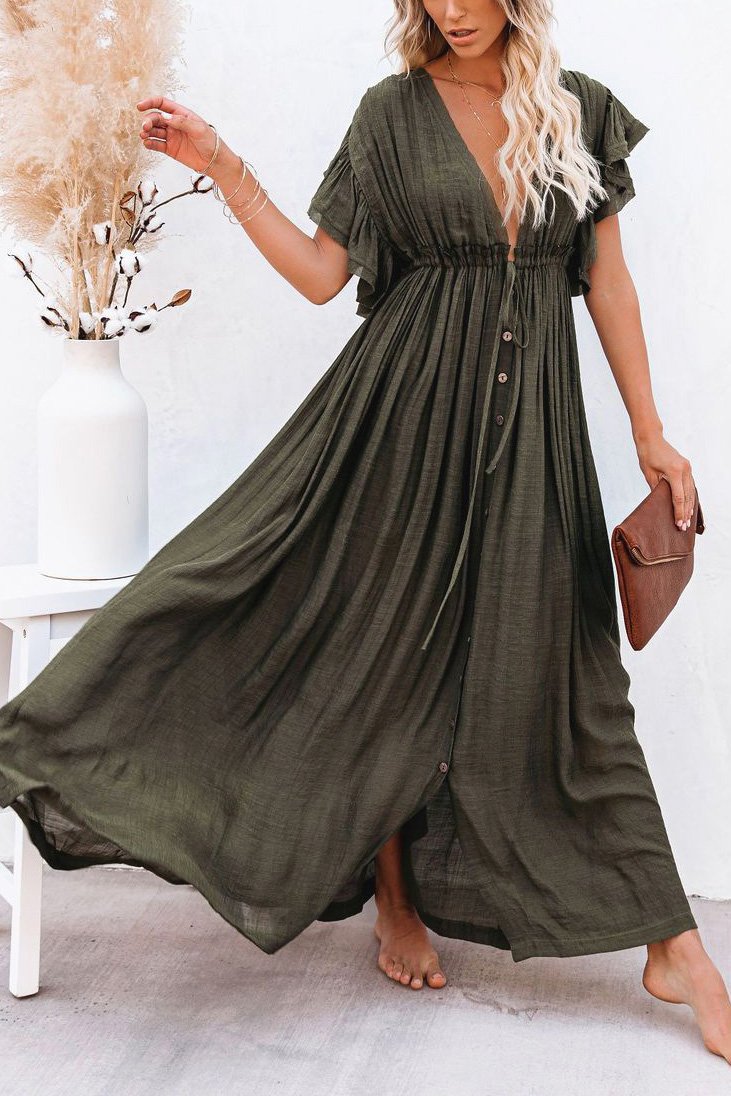 Solid Buttoned Waist Cord Maxi Dress