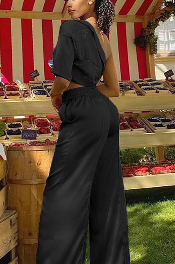 Satin Casual Off-the-shoulder Shirt and Wide-leg Pants Suit