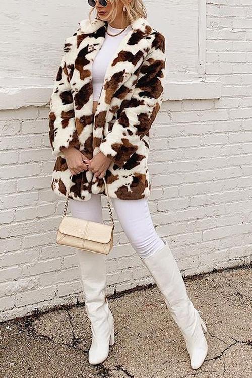 Cow Print Faux Fur Coat