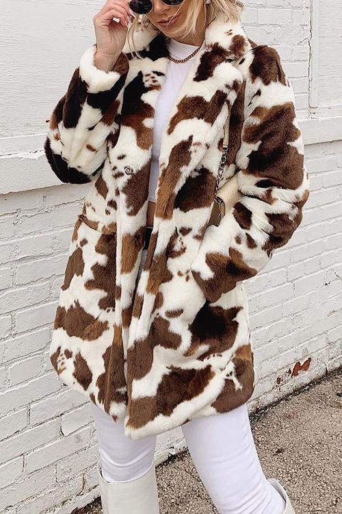 Cow Print Faux Fur Coat