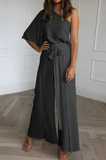 Time Will Tell One Shoulder Blouse Wide Leg Pants Set