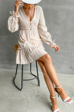 Solid Color V-neck Button Wooden Ears Long Sleeve Shirt Dress