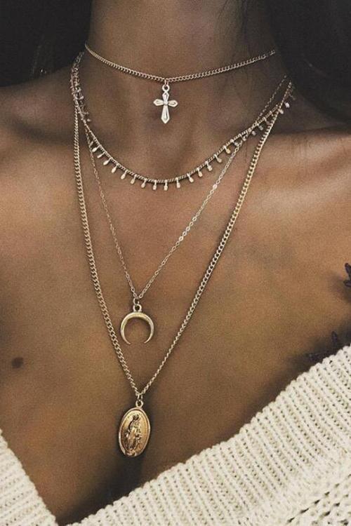 Cross Moon Layers Necklace