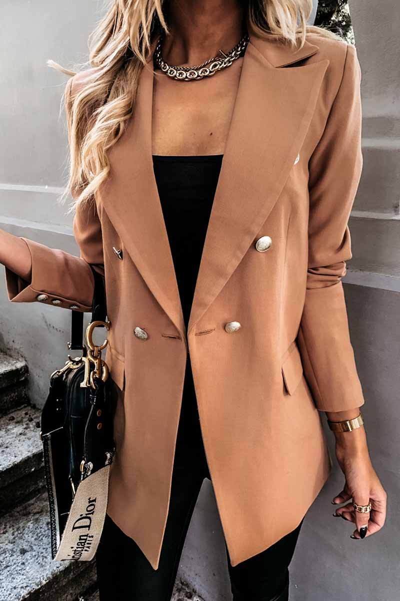 Florcoo Solid Color Long-Sleeved Double-Breasted Blazer Tops