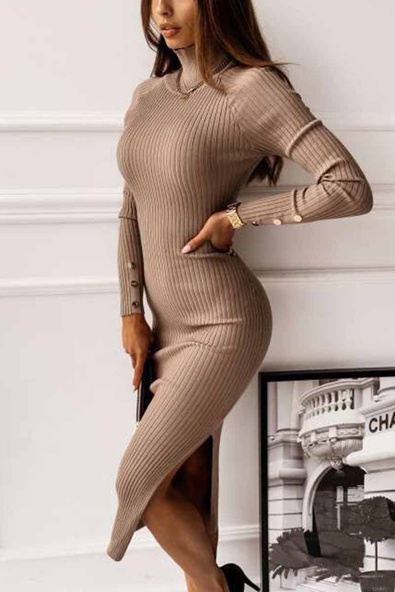 Florcoo Open Back Long Sleeve Solid Color Midi Dresses