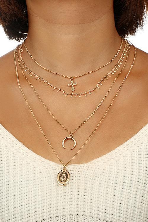 Cross Moon Layers Necklace