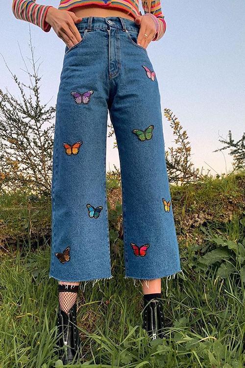 Butterfly Embroidery Wide Leg Jeans