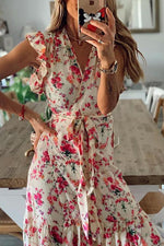 Floral Print Ruffles Maxi Wrap Dress