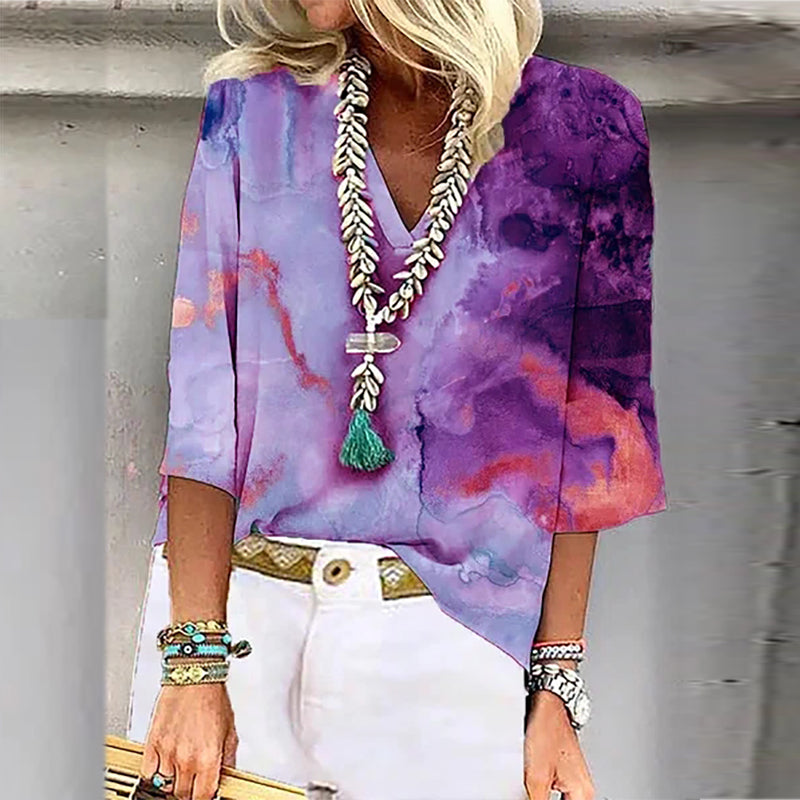 Fashion 3/4 Sleeve V-Neck Loose Chiffon Blouse Top