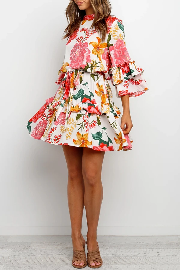Tiered Sleeve Floral Print Round Collar Pleated Dress