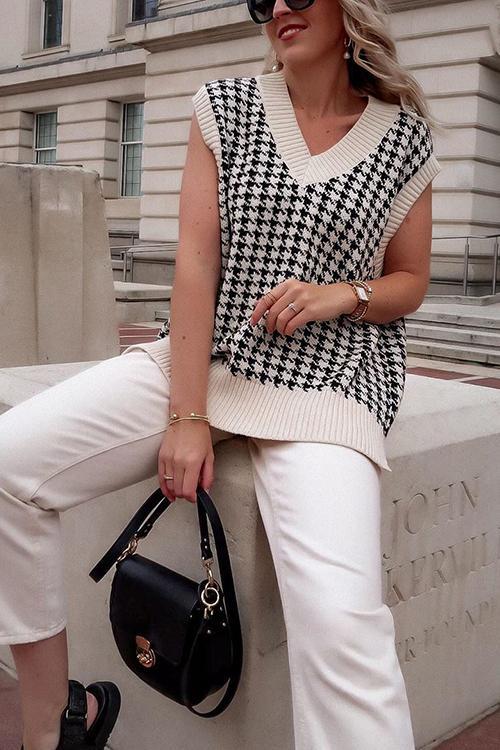 Houndstooth V Neck Vest