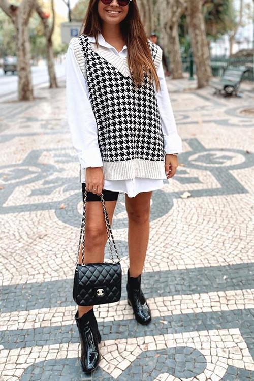 Houndstooth V Neck Vest