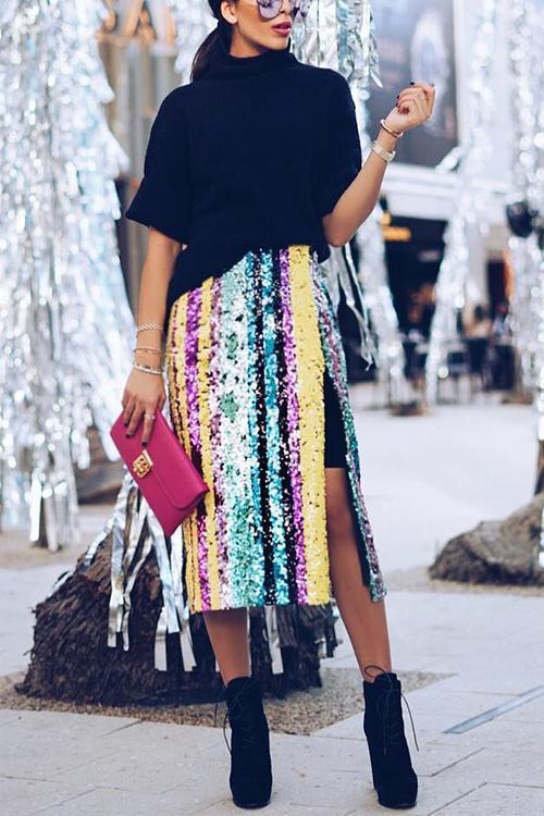 Colorful Sequin Slit Skirts