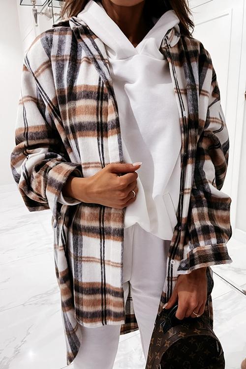 Plaid Lapel Hem Slit Loose Coat