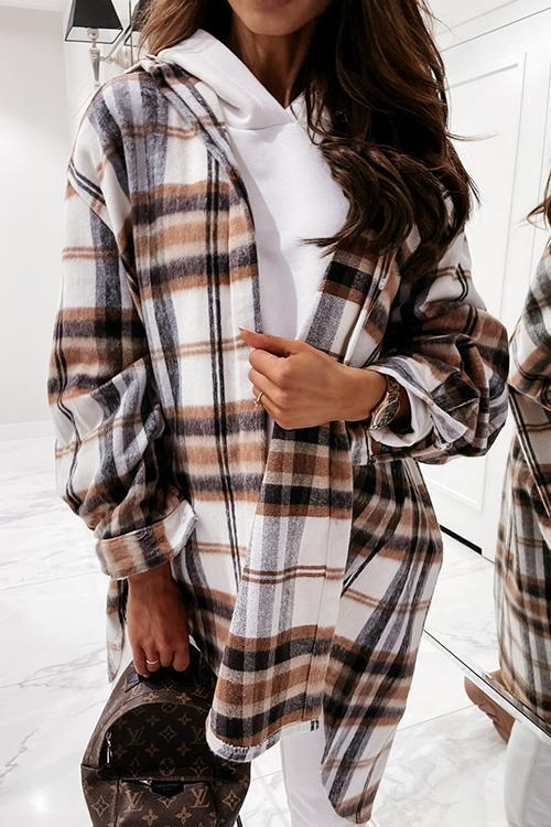 Plaid Lapel Hem Slit Loose Coat