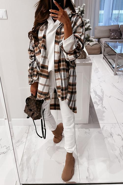 Plaid Lapel Hem Slit Loose Coat