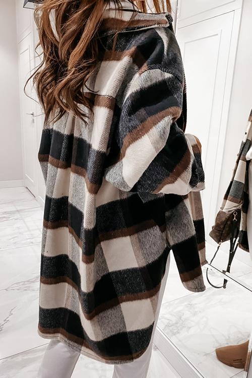 Plaid Lapel Hem Slit Loose Coat