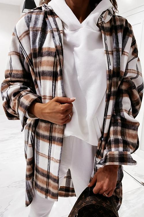 Plaid Lapel Hem Slit Loose Coat