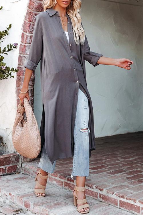 Button Turndown Collar Slit Shirt Dress