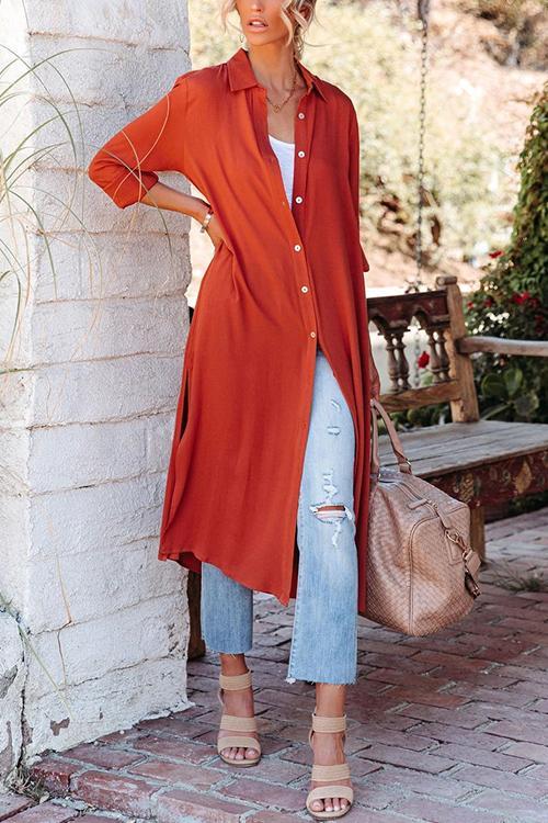 Button Turndown Collar Slit Shirt Dress