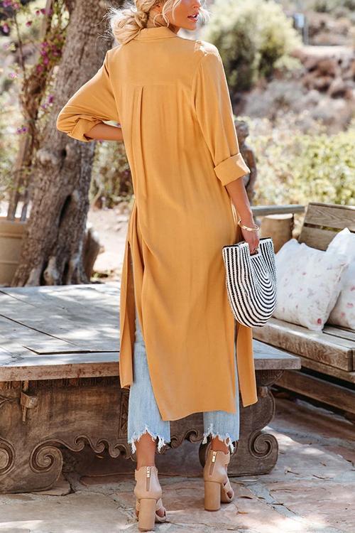 Button Turndown Collar Slit Shirt Dress