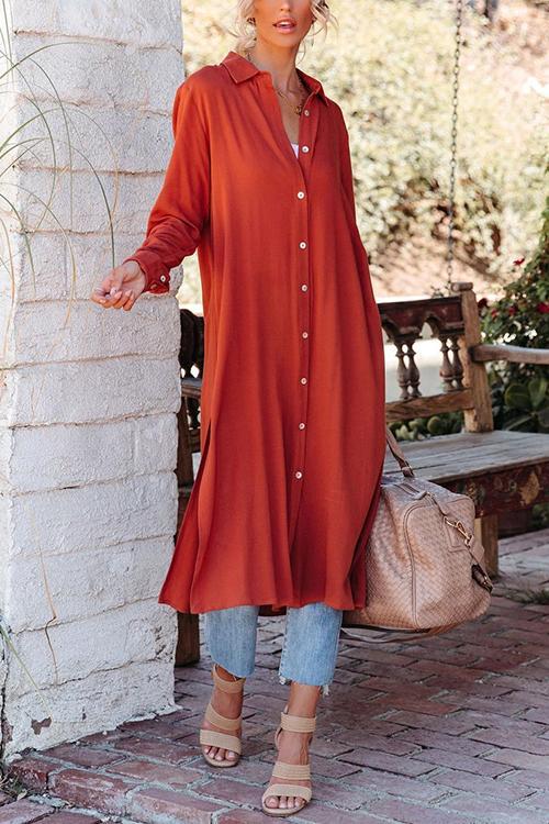 Button Turndown Collar Slit Shirt Dress