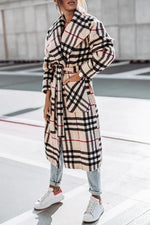 Plaid Lapel Bleted Long Coat