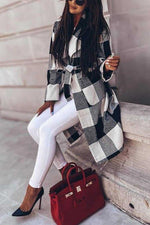 Plaid Lapel Bleted Long Coat