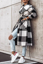 Plaid Lapel Bleted Long Coat